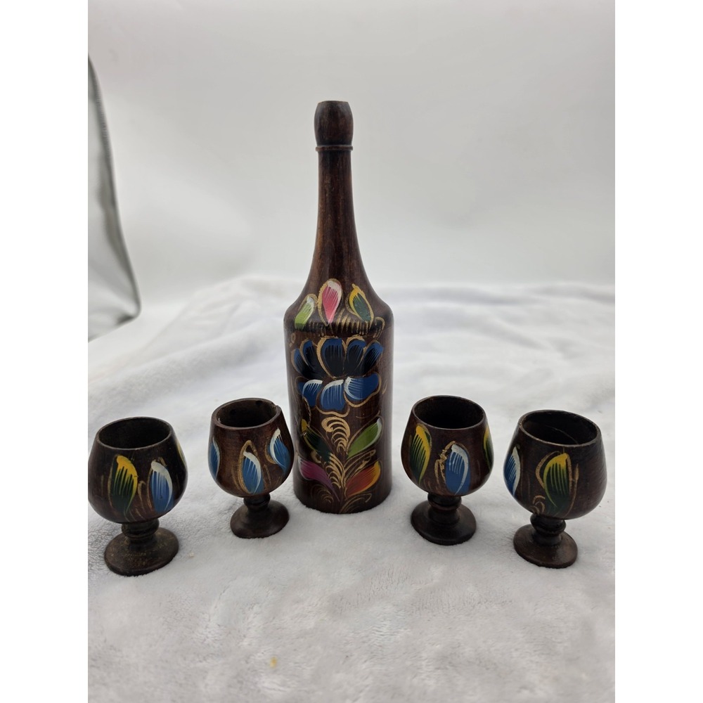 Vintage Wooden Hand Painted 5 pc Decanter and 4 Miniature Cups